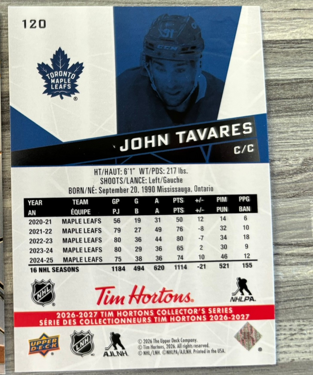 2026-27 Upper Deck Tim Hortons Collector'S Series — John Tavares · #120 — Verso
