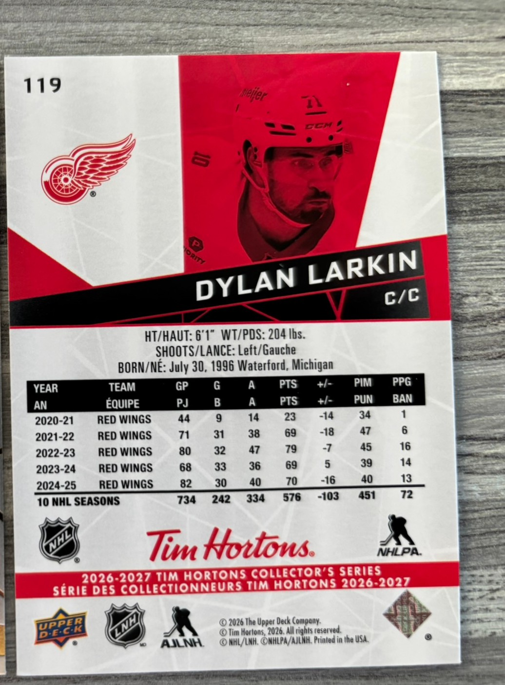 2026-27 Upper Deck Tim Hortons Collector'S Series — Dylan Larkin · #119 — Verso