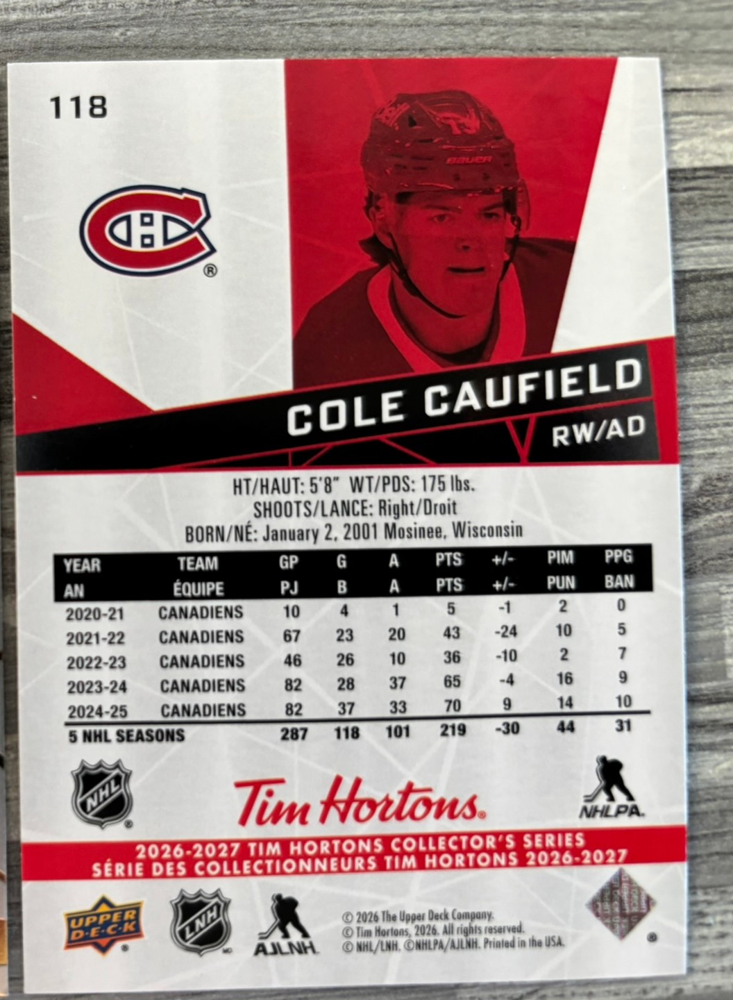 2026-27 Upper Deck Tim Hortons Collector'S Series — Cole Caufield · #118 — Verso