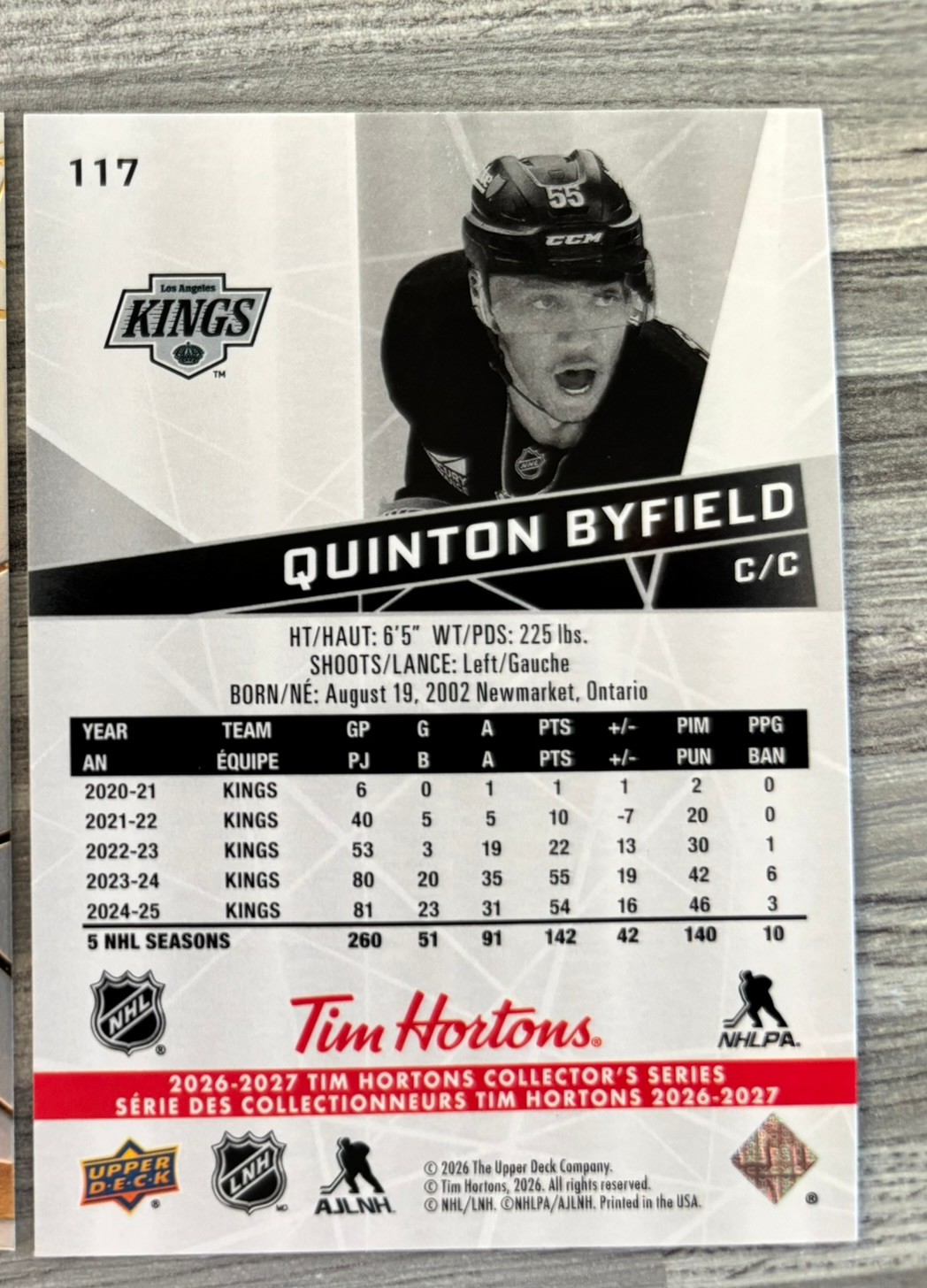 2026-27 Upper Deck Tim Hortons Collector'S Series — Quinton Byfield · #117 — Verso