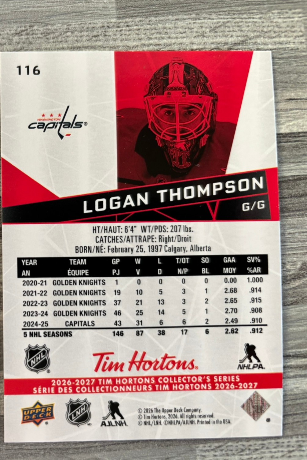 2026-27 Upper Deck Tim Hortons Collector'S Series — Logan Thompson · #116 — Verso