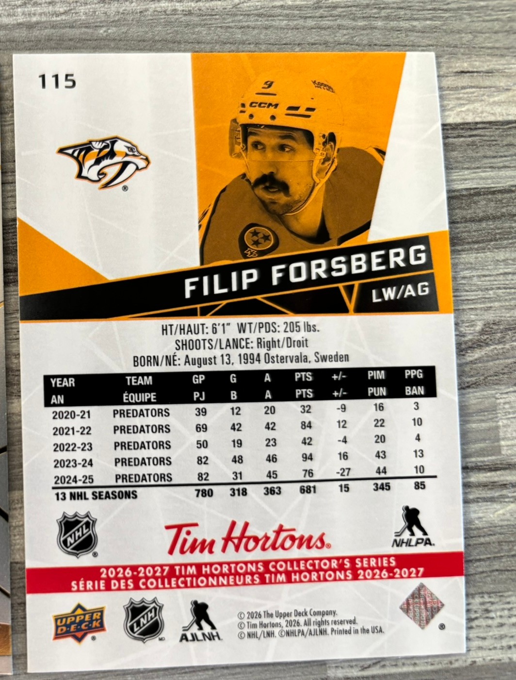2026-27 Upper Deck Tim Hortons Collector'S Series — Filip Forsberg · #115 — Verso