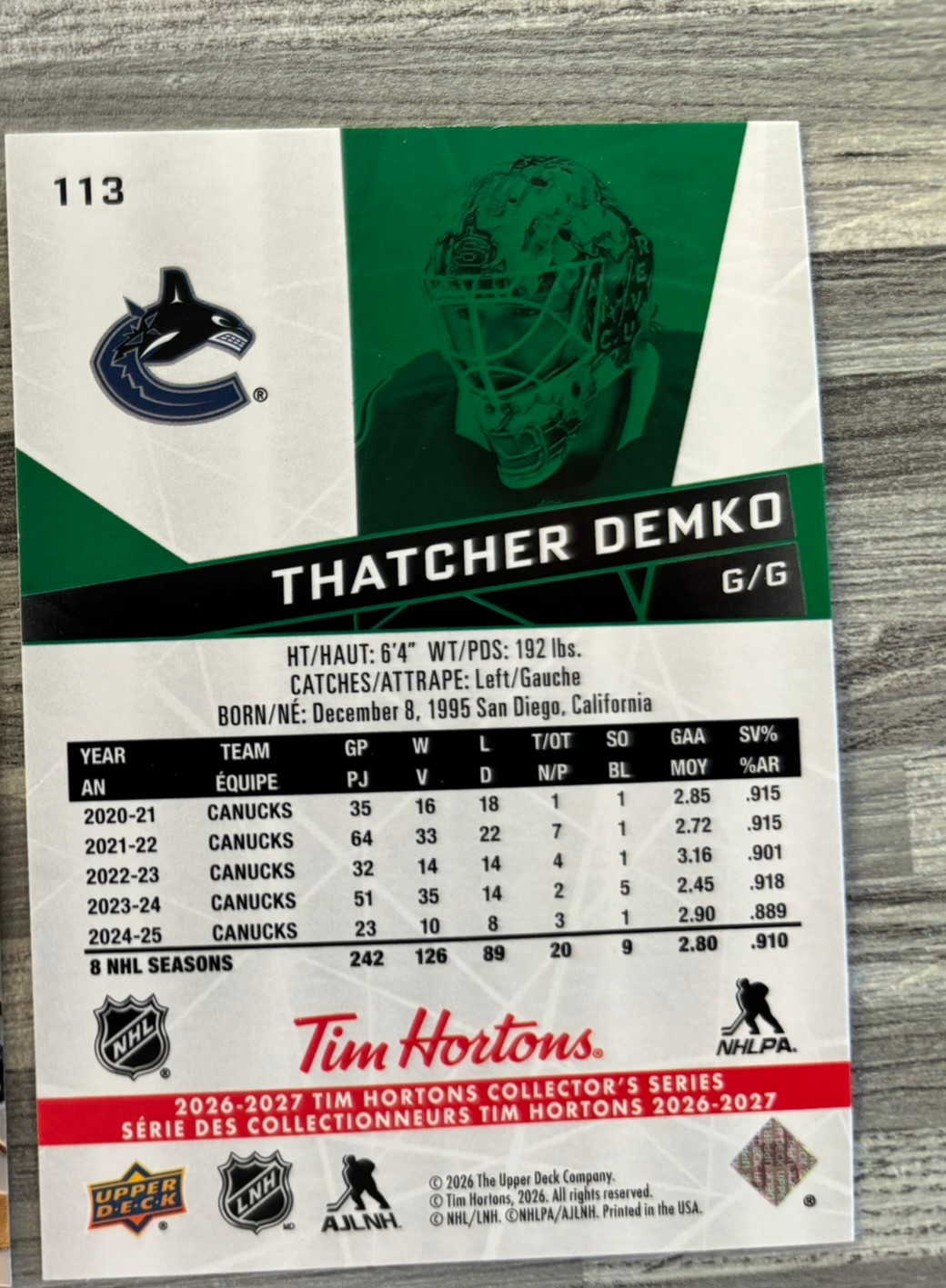 2026-27 Upper Deck Tim Hortons Collector'S Series — Thatcher Demko · #113 — Verso
