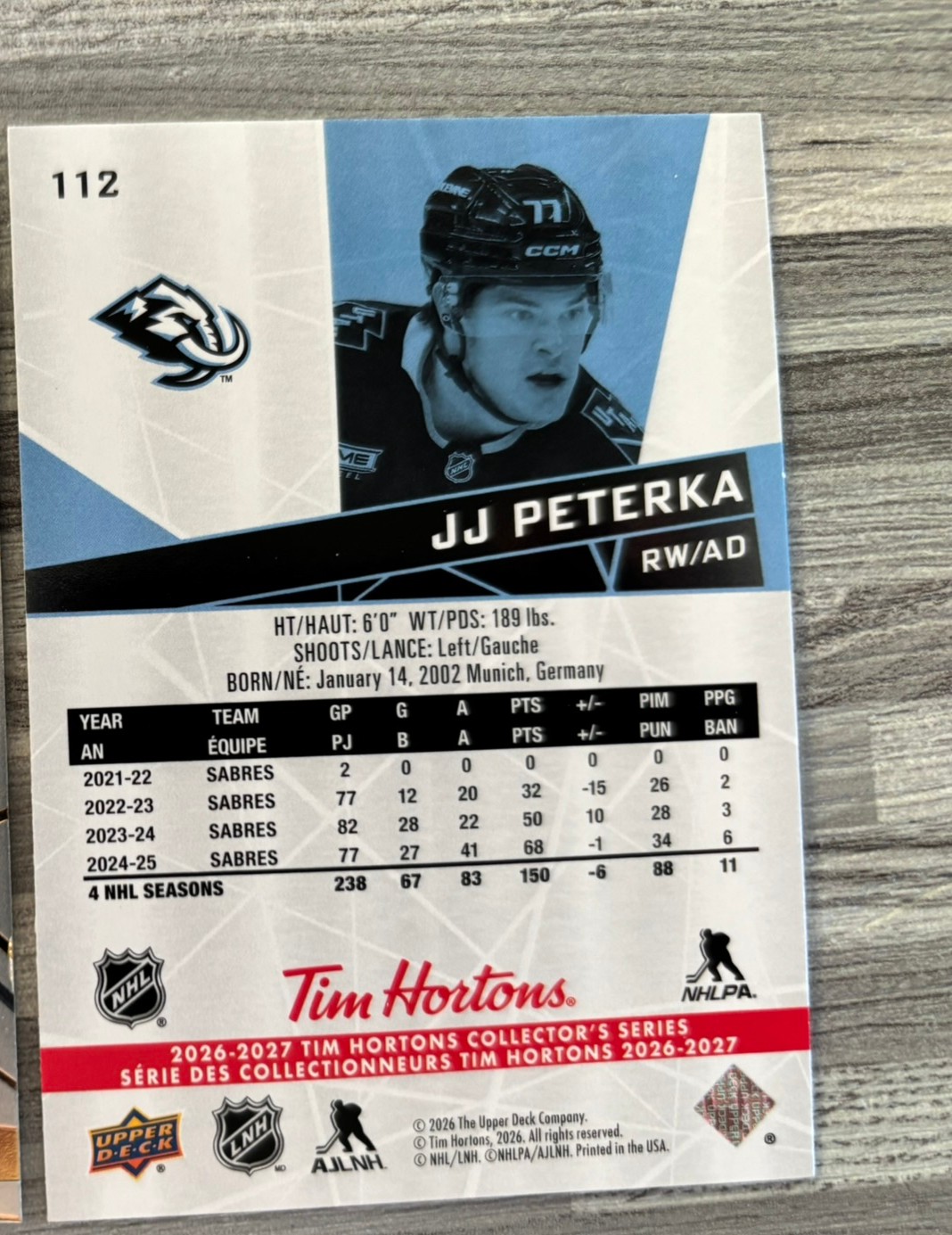 2026-27 Upper Deck Tim Hortons Collector'S Series — Jj Peterka · #112 — Verso