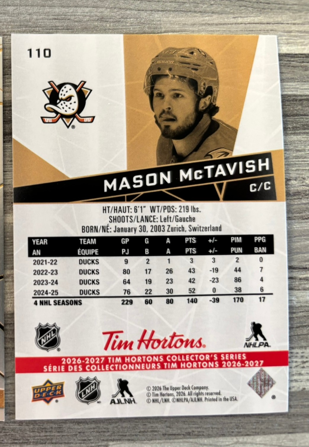 2026-27 Upper Deck Tim Hortons Collector'S Series — Mason McTavish · #110 — Verso