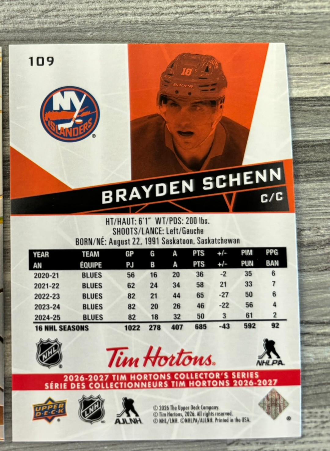2026-27 Upper Deck Tim Hortons Collector'S Series — Brayden Schenn · #109 — Verso