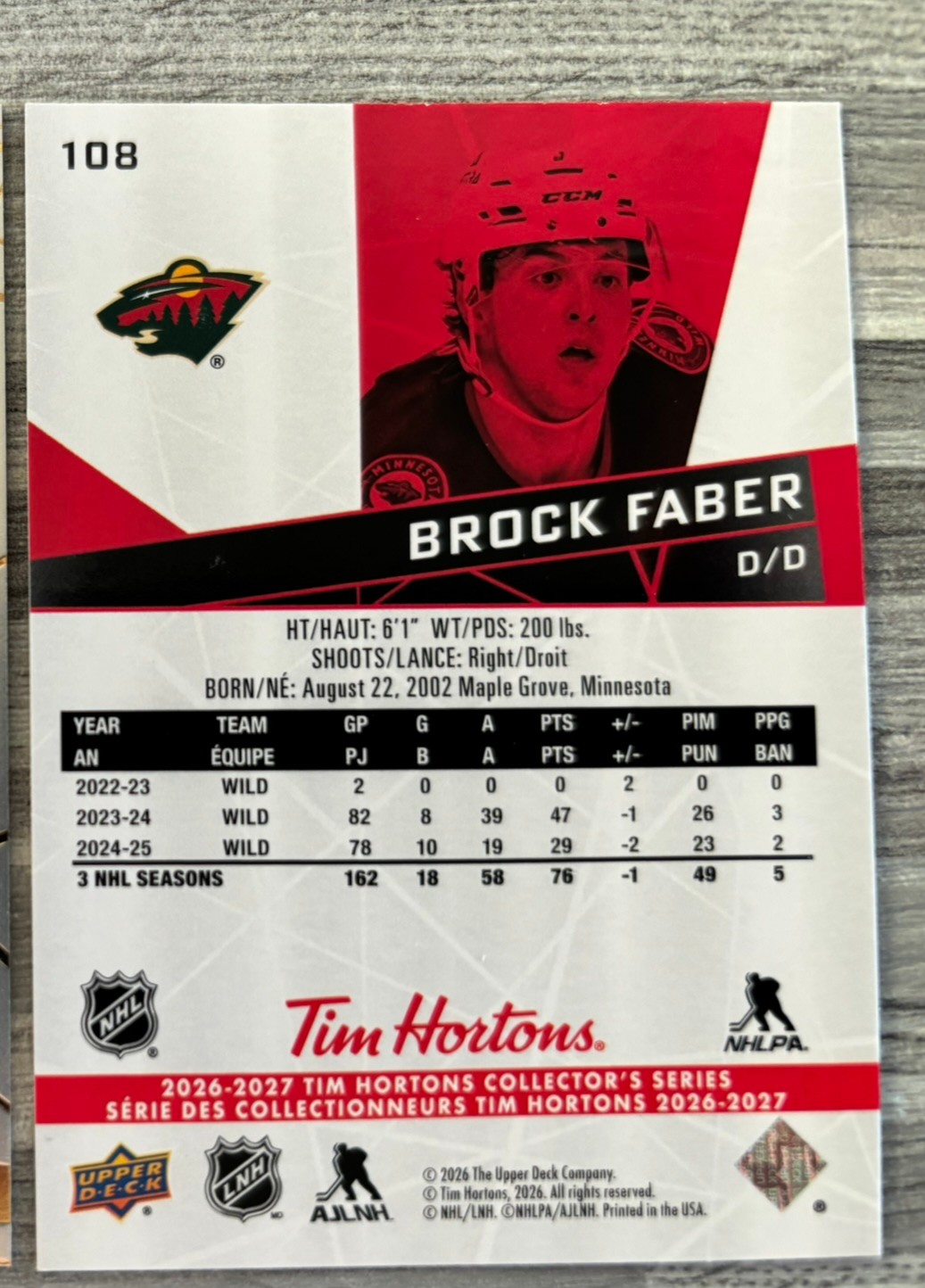 2026-27 Upper Deck Tim Hortons Collector'S Series — Brock Faber · #108 — Verso