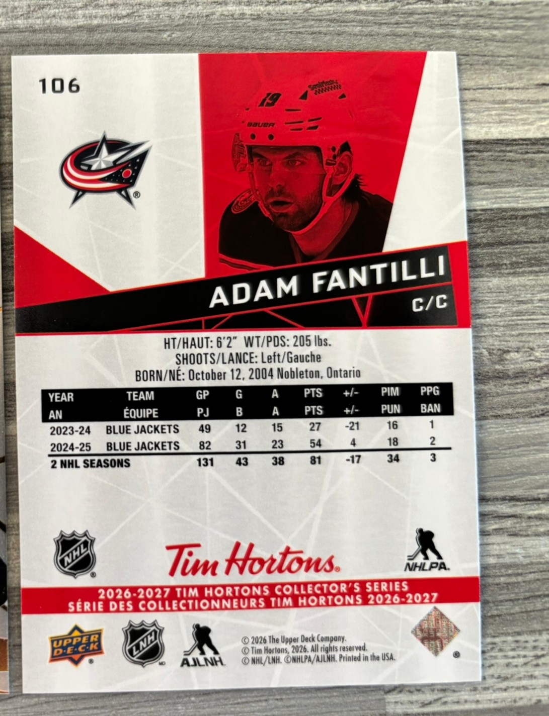 2026-27 Upper Deck Tim Hortons Collector'S Series — Adam Fantilli · #106 — Verso