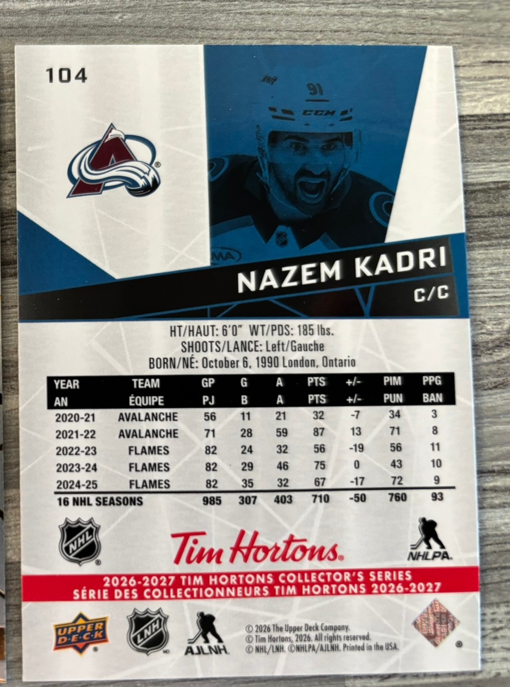 2026-27 Upper Deck Tim Hortons Collector'S Series — Nazem Kadri · #104 — Verso