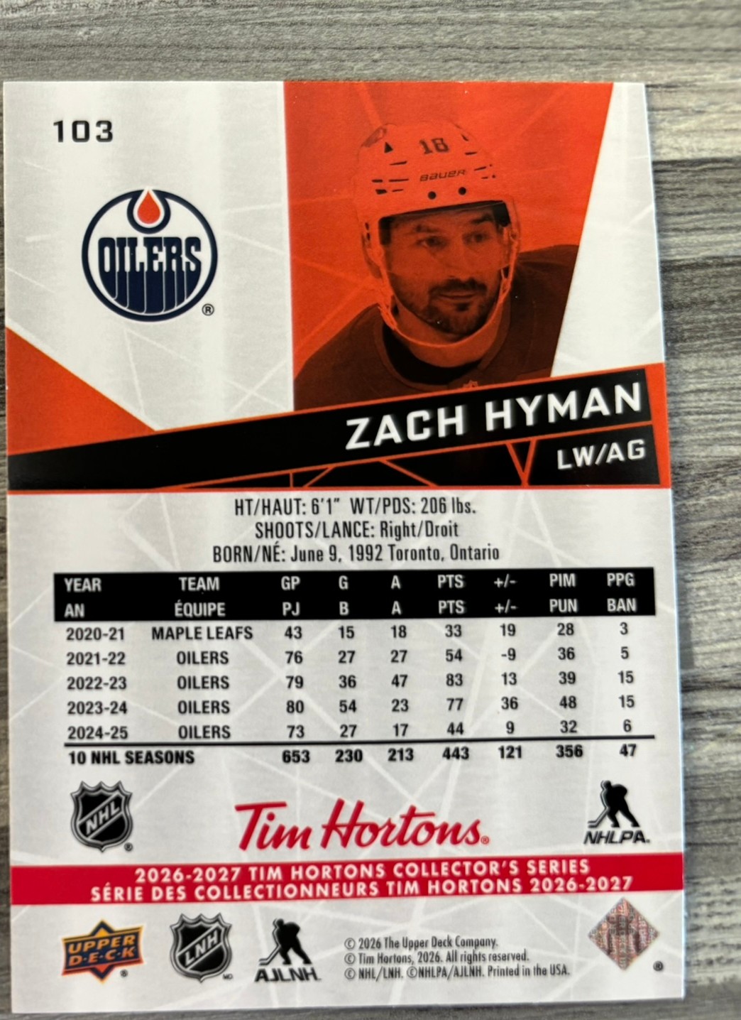 2026-27 Upper Deck Tim Hortons Collector'S Series — Zach Hyman · #103 — Verso