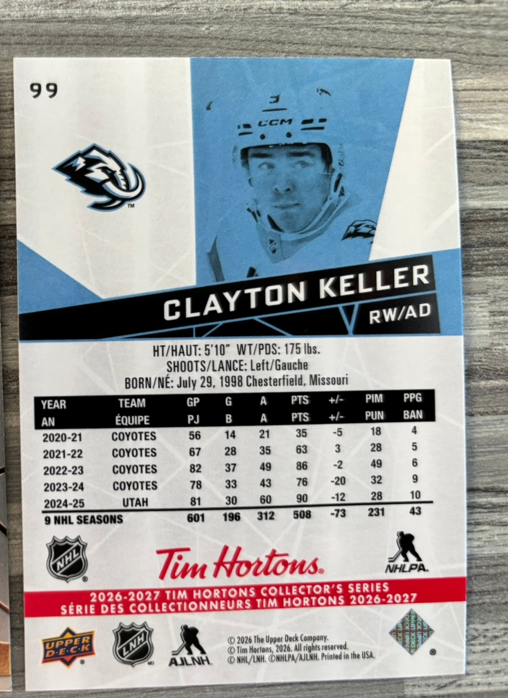 2026-27 Upper Deck Tim Hortons Collector'S Series — Clayton Keller · #99 — Verso