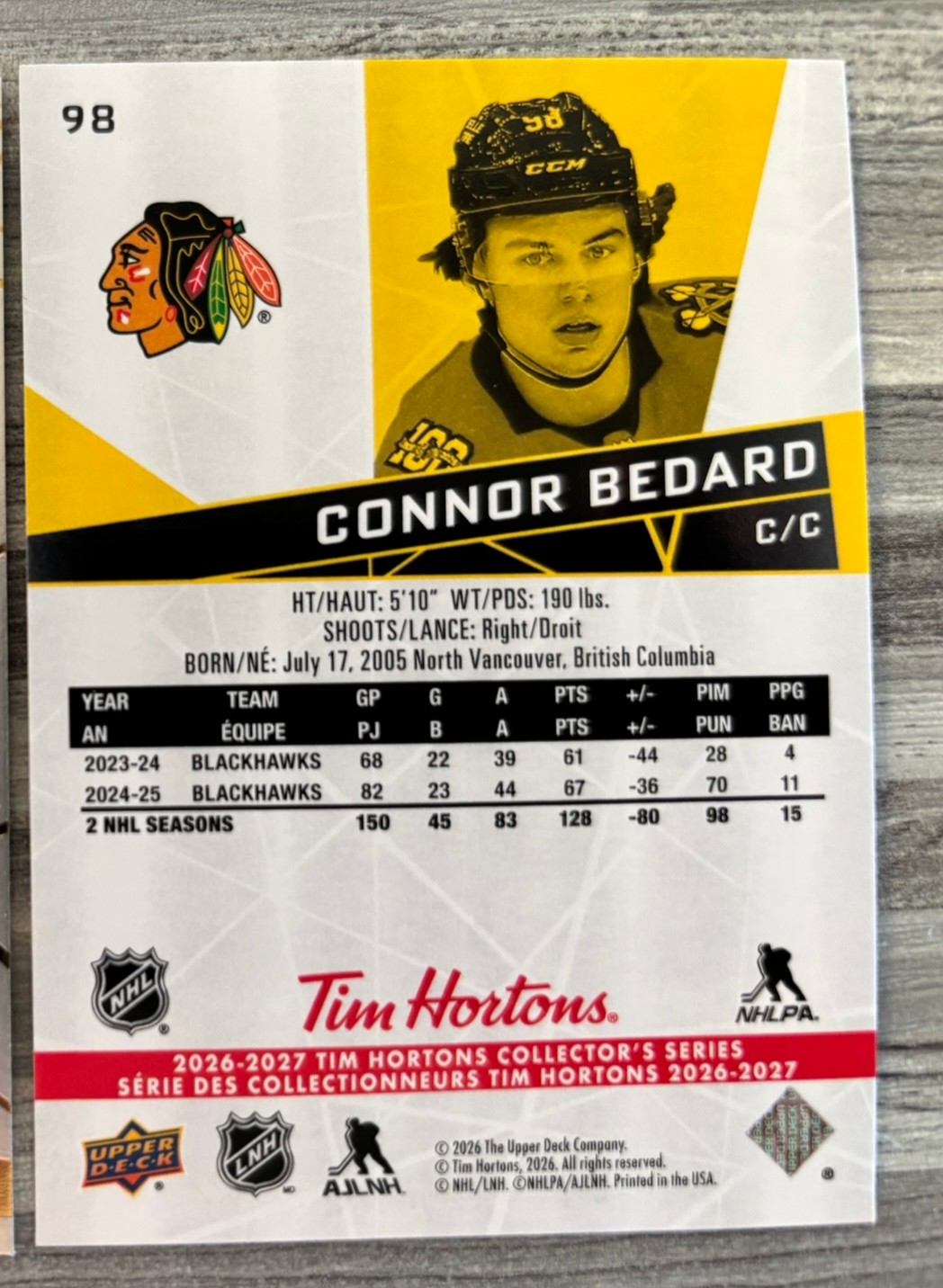 2026-27 Upper Deck Tim Hortons Collector'S Series — Connor Bedard · #98 — Verso