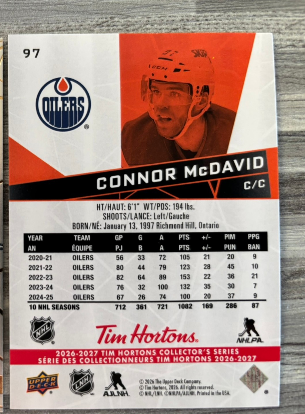 2026-27 Upper Deck Tim Hortons Collector'S Series — Connor McDavid · #97 — Verso