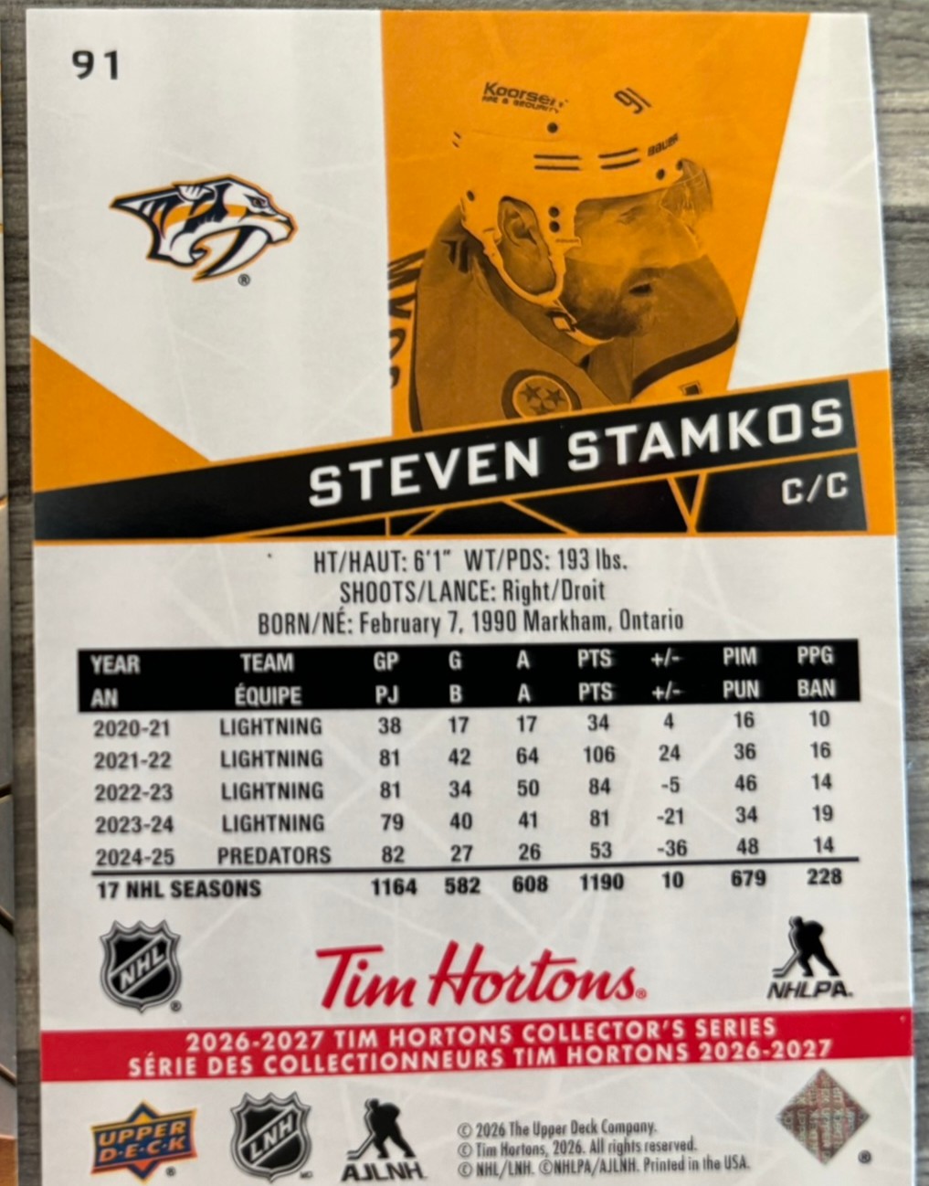 2026-27 Upper Deck Tim Hortons Collector'S Series — Steven Stamkos · #91 — Verso