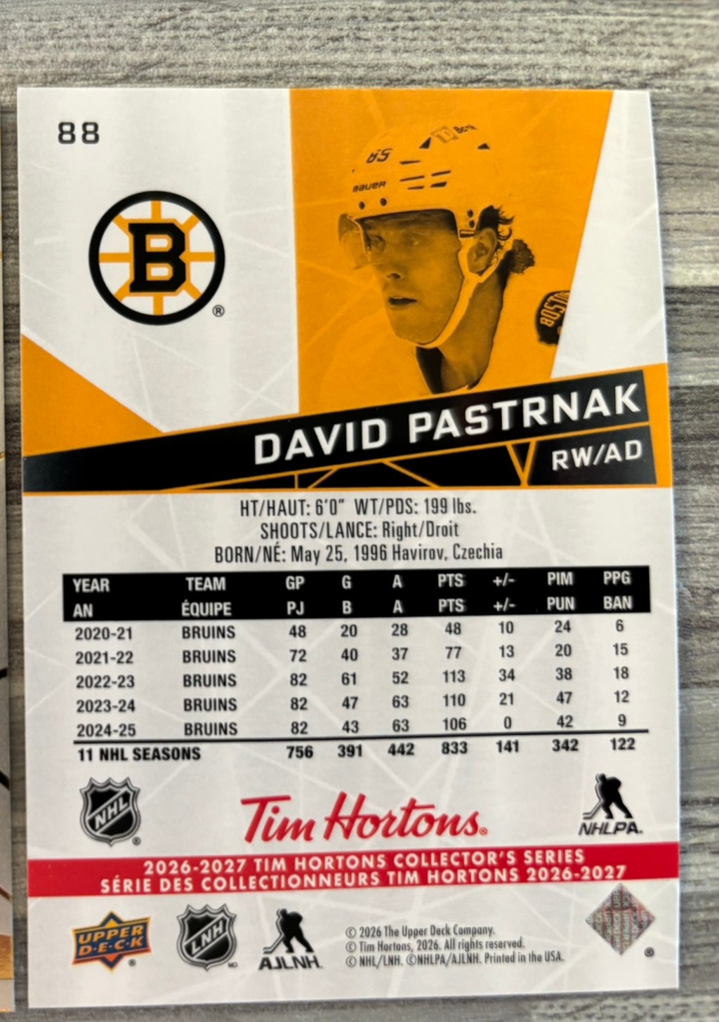 2026-27 Upper Deck Tim Hortons Collector'S Series — David Pastrnak · #88 — Verso