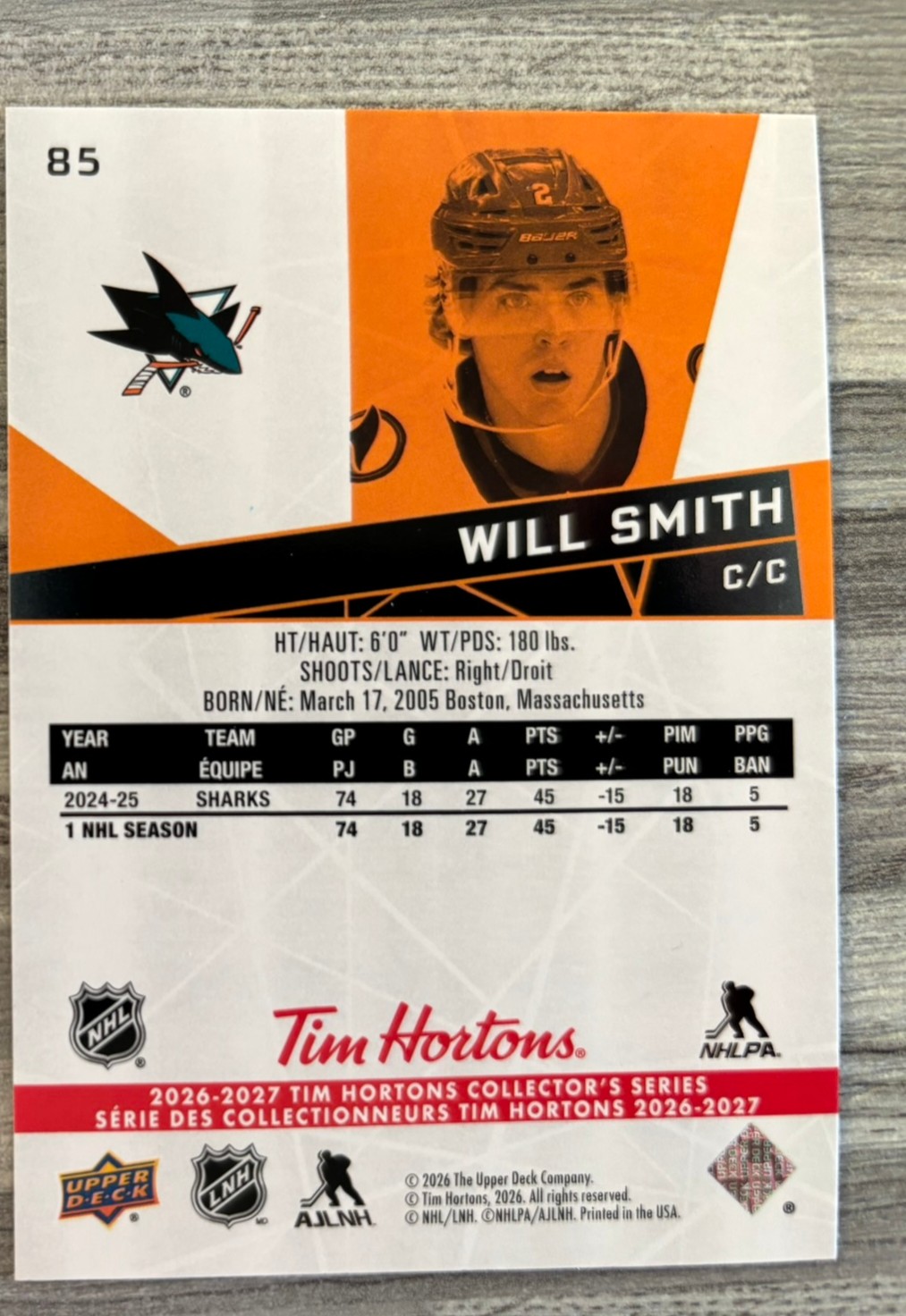 2026-27 Upper Deck Tim Hortons Collector'S Series — Will Smith · #85 — Verso