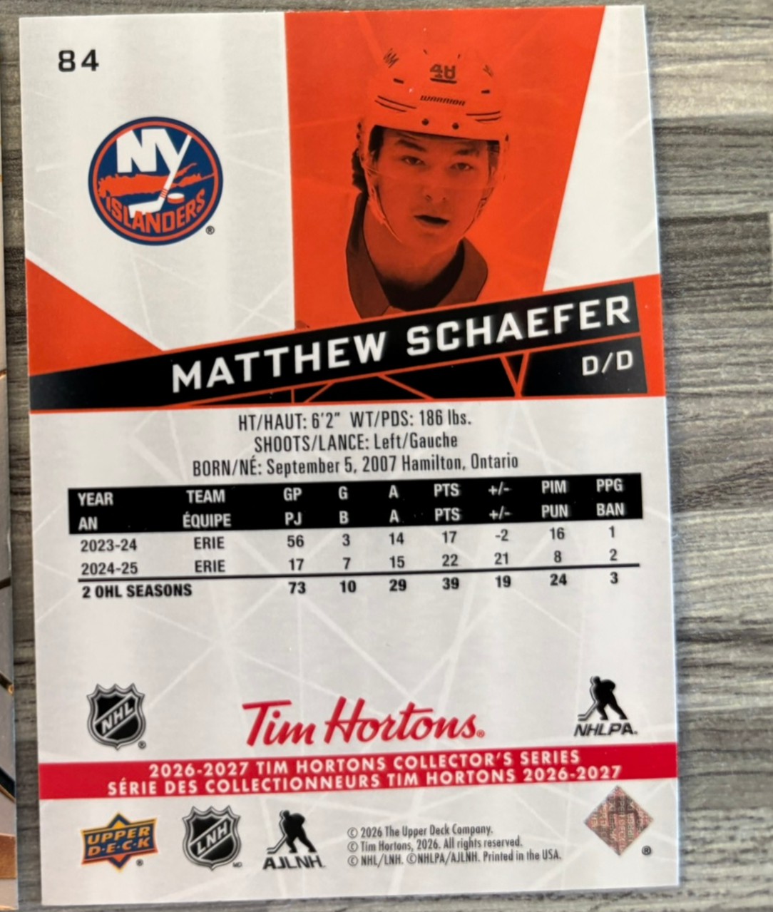 2026-27 Upper Deck Tim Hortons Collector'S Series — Matthew Schaefer · #84 — Verso