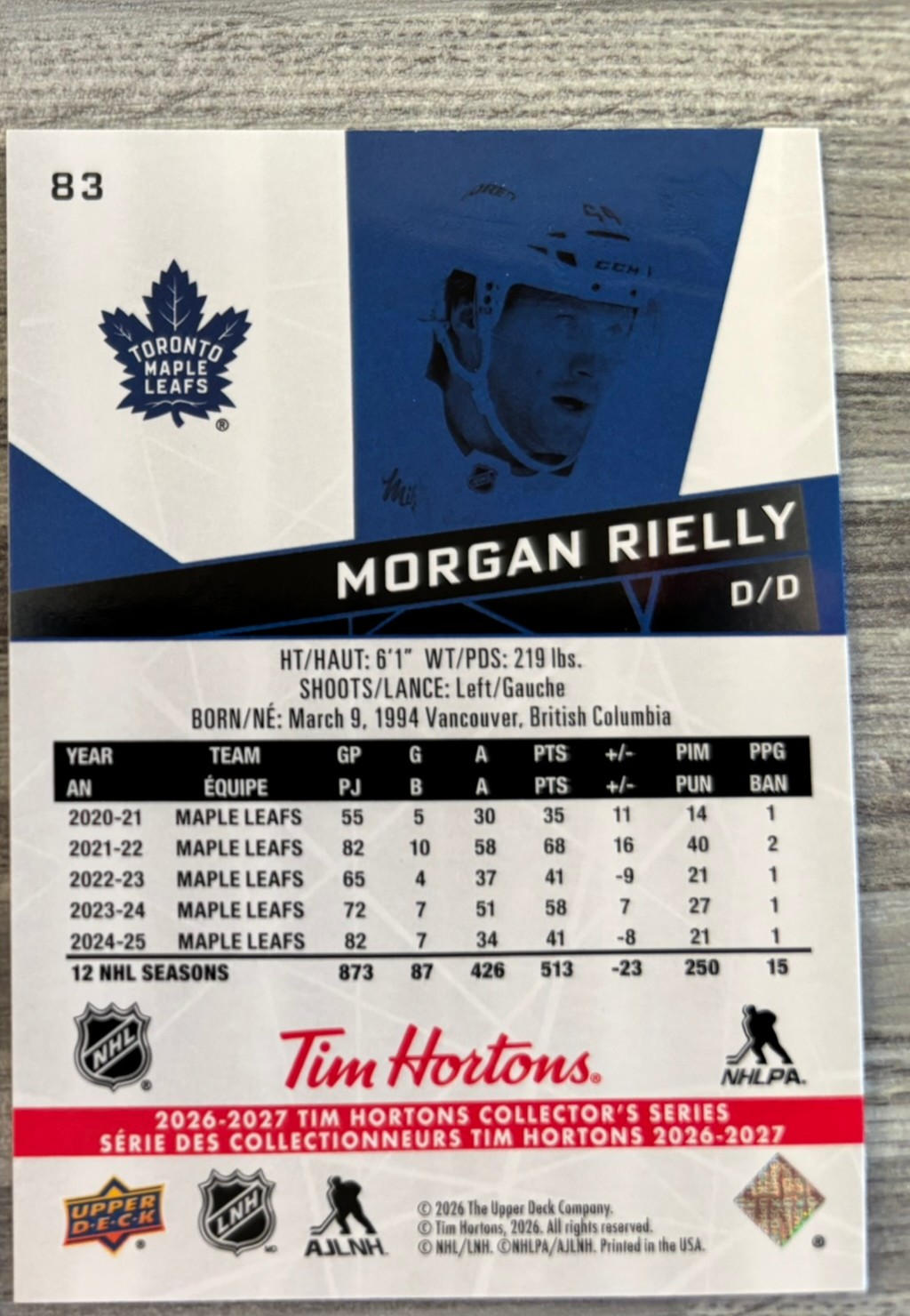 2026-27 Upper Deck Tim Hortons Collector'S Series — Morgan Rielly · Gold · #83 — Verso