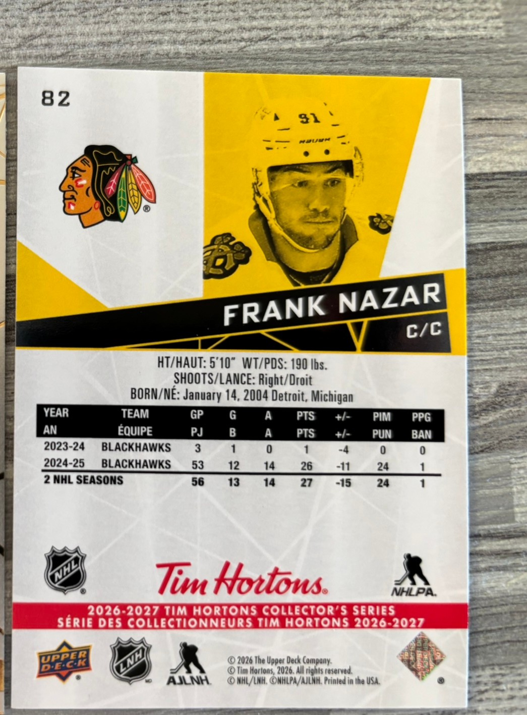 2026-27 Upper Deck Tim Hortons Collector'S Series — Frank Nazar · #82 — Verso