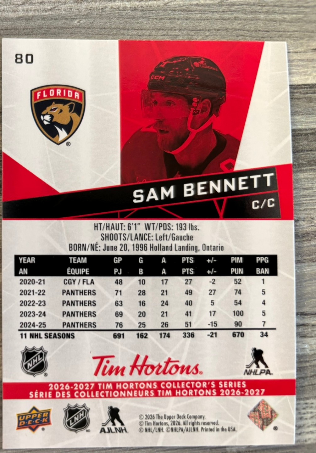 2026-27 Upper Deck Tim Hortons Collector'S Series — Sam Bennett · #80 — Verso