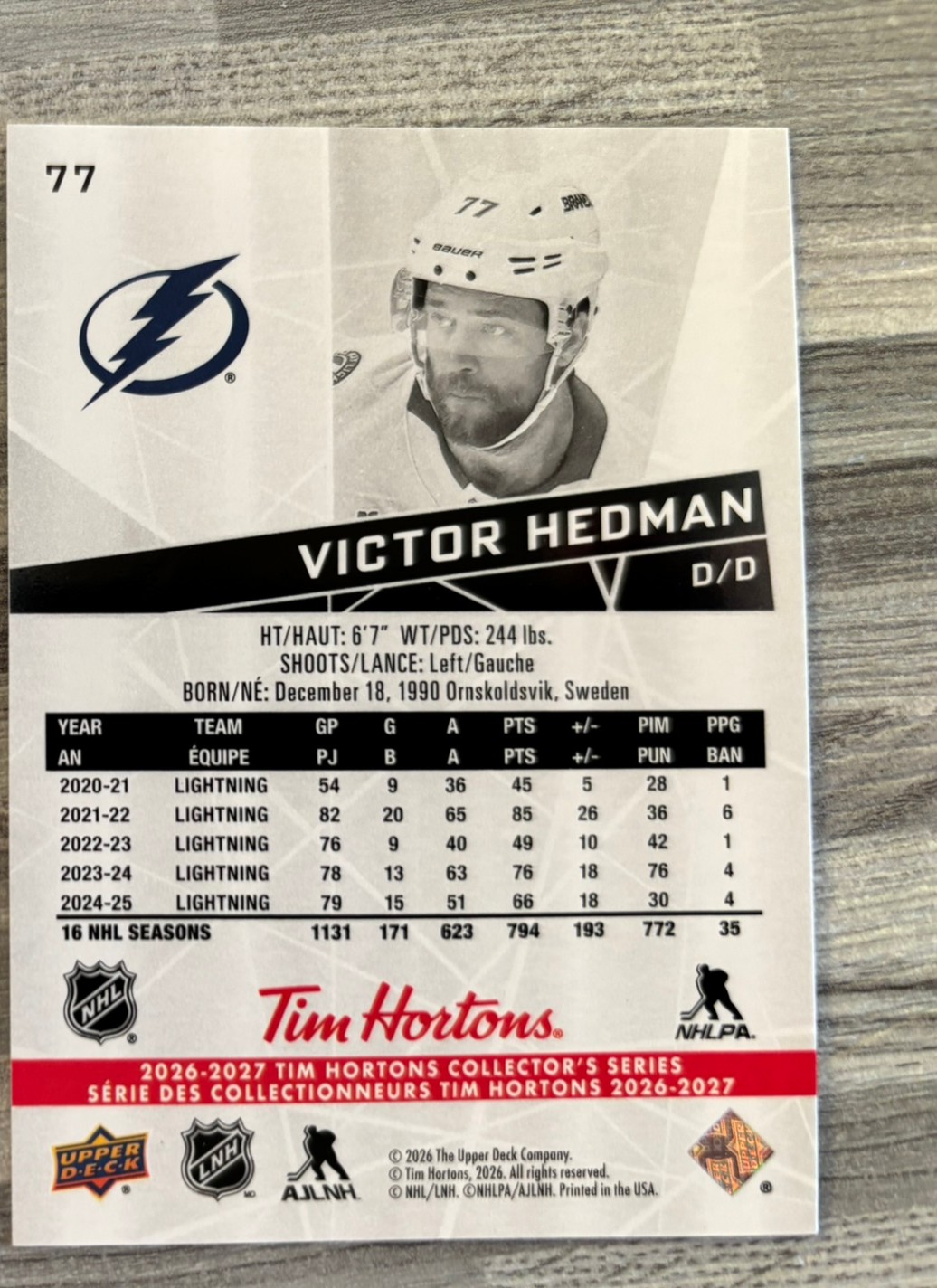 2026-27 Upper Deck Tim Hortons Collector'S Series — Victor Hedman · #77 — Verso