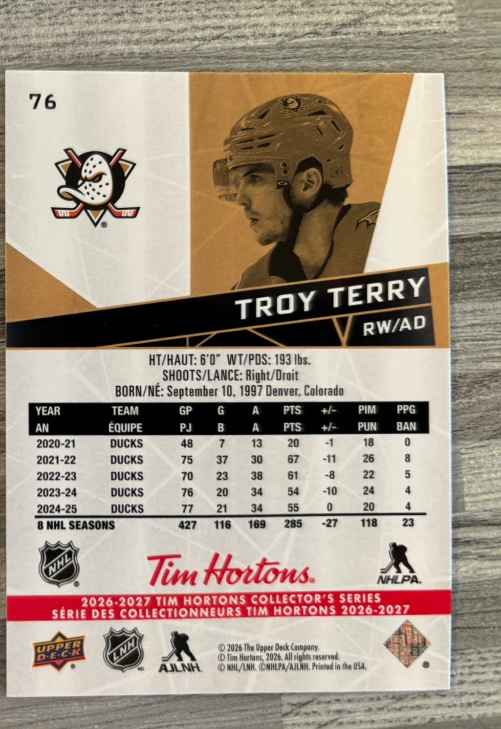 2026-27 Upper Deck Tim Hortons Collector'S Series — Troy Terry · #76 — Verso