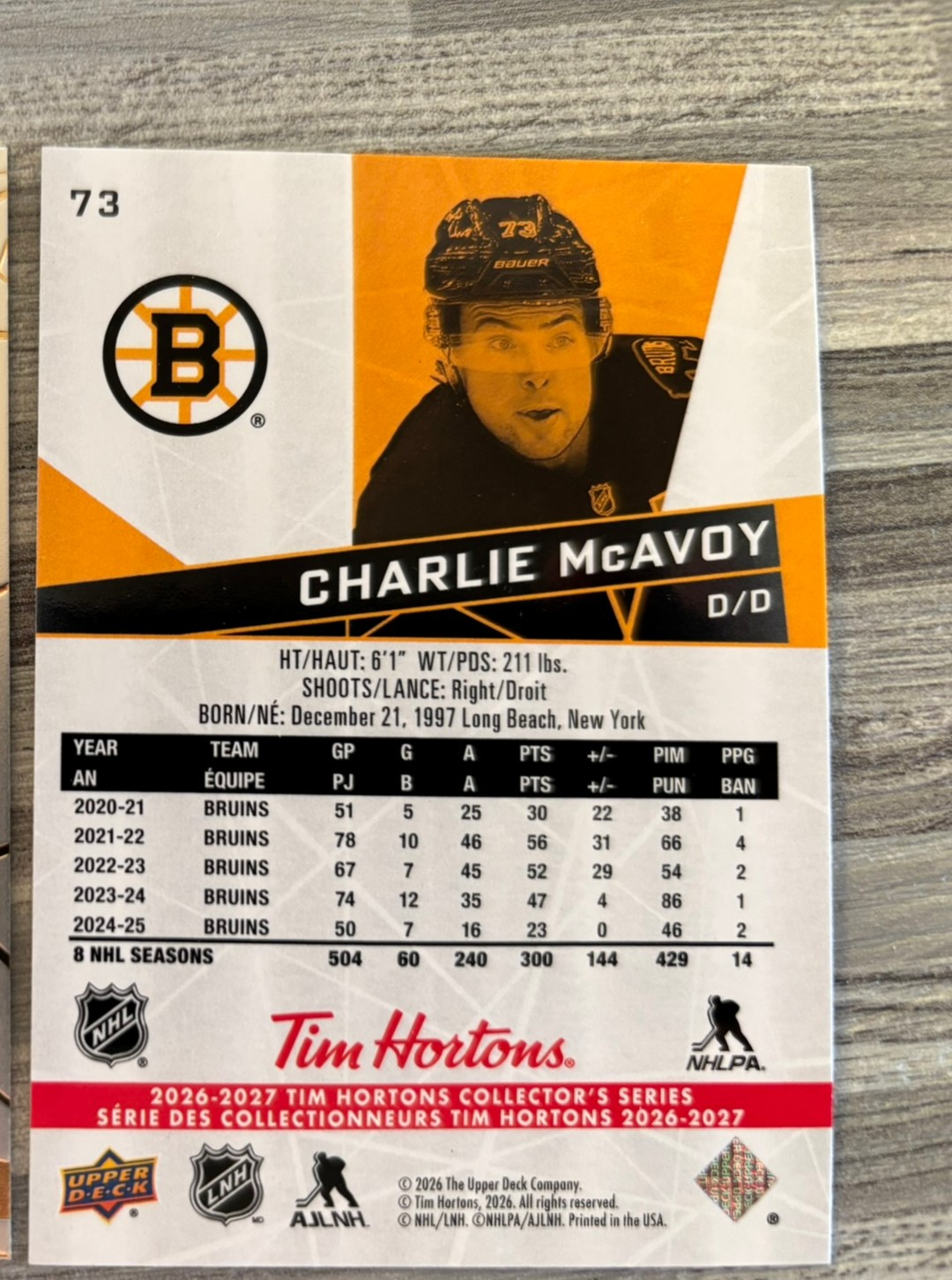 2026-27 Upper Deck Tim Hortons Collector'S Series — Charlie McAvoy · #73 — Verso