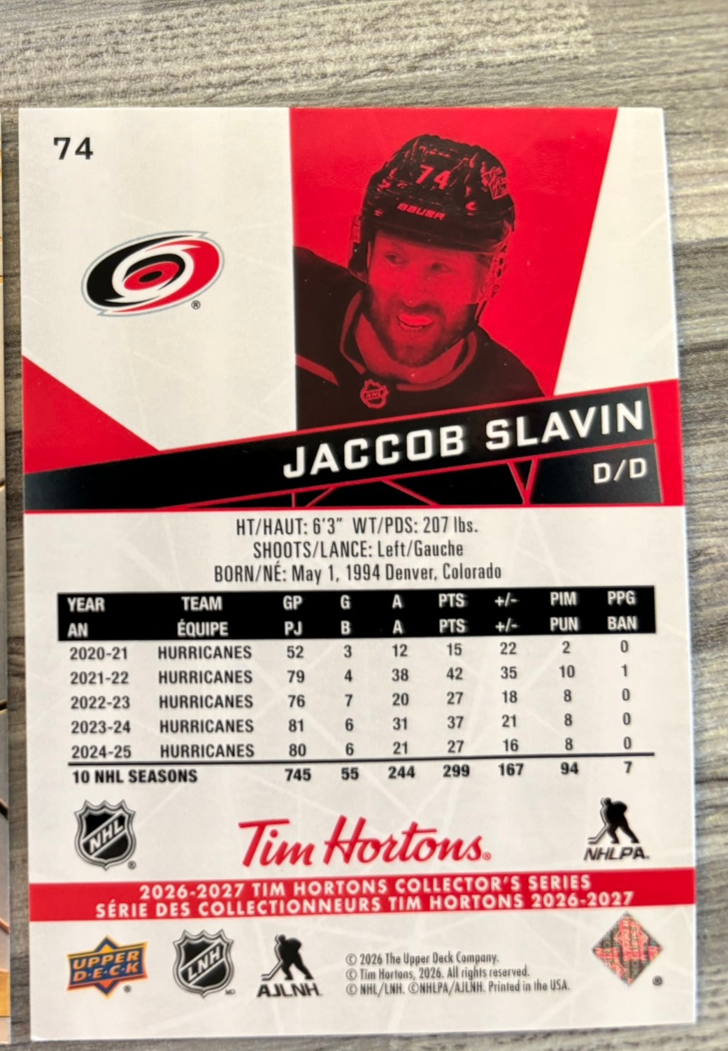 2026-27 Upper Deck Tim Hortons Collector'S Series — Jaccob Slavin · #74 — Verso