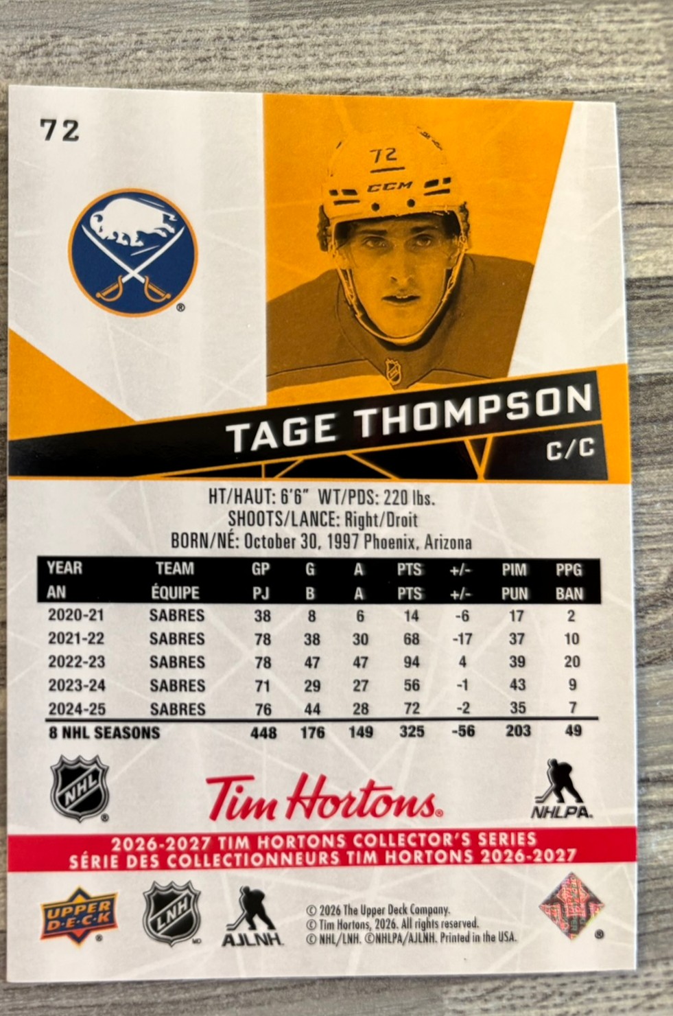 2026-27 Upper Deck Tim Hortons Collector'S Series — Tage Thompson · #72 — Verso