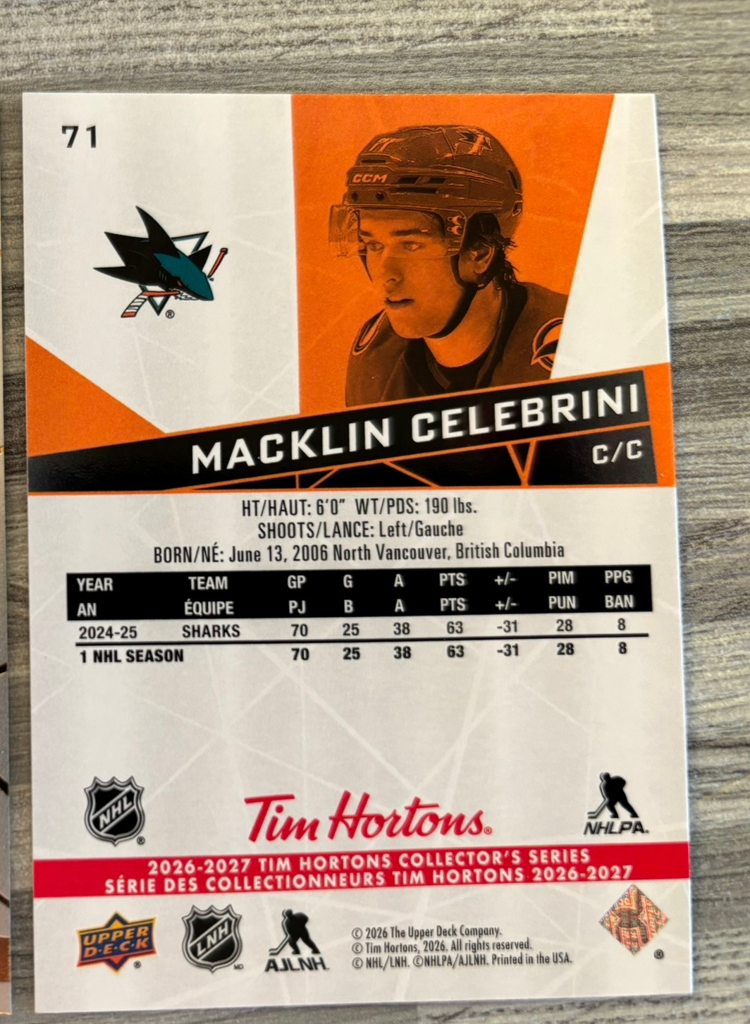2026-27 Upper Deck Tim Hortons Collector'S Series — Macklin Celebrini · #71 — Verso