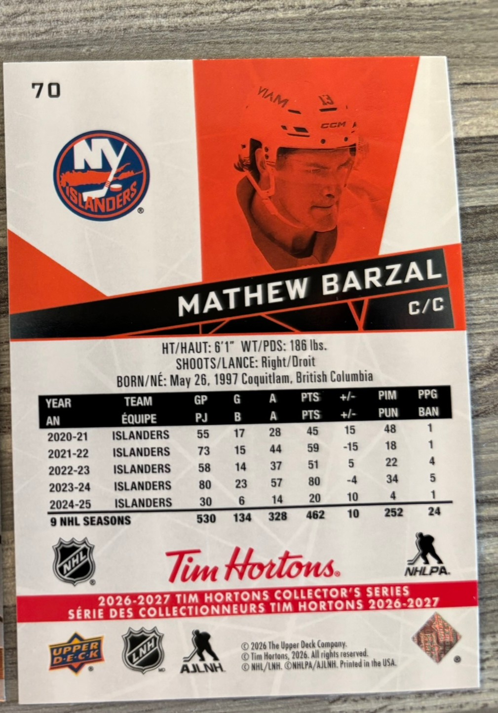 2026-27 Upper Deck Tim Hortons Collector'S Series — Mathew Barzal · #70 — Verso