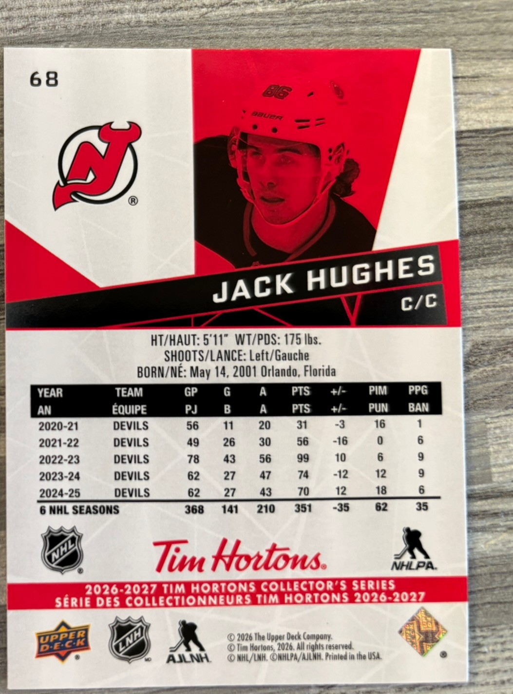 2026-27 Upper Deck Tim Hortons Collector'S Series — Jack Hughes · Gold · #68 — Verso