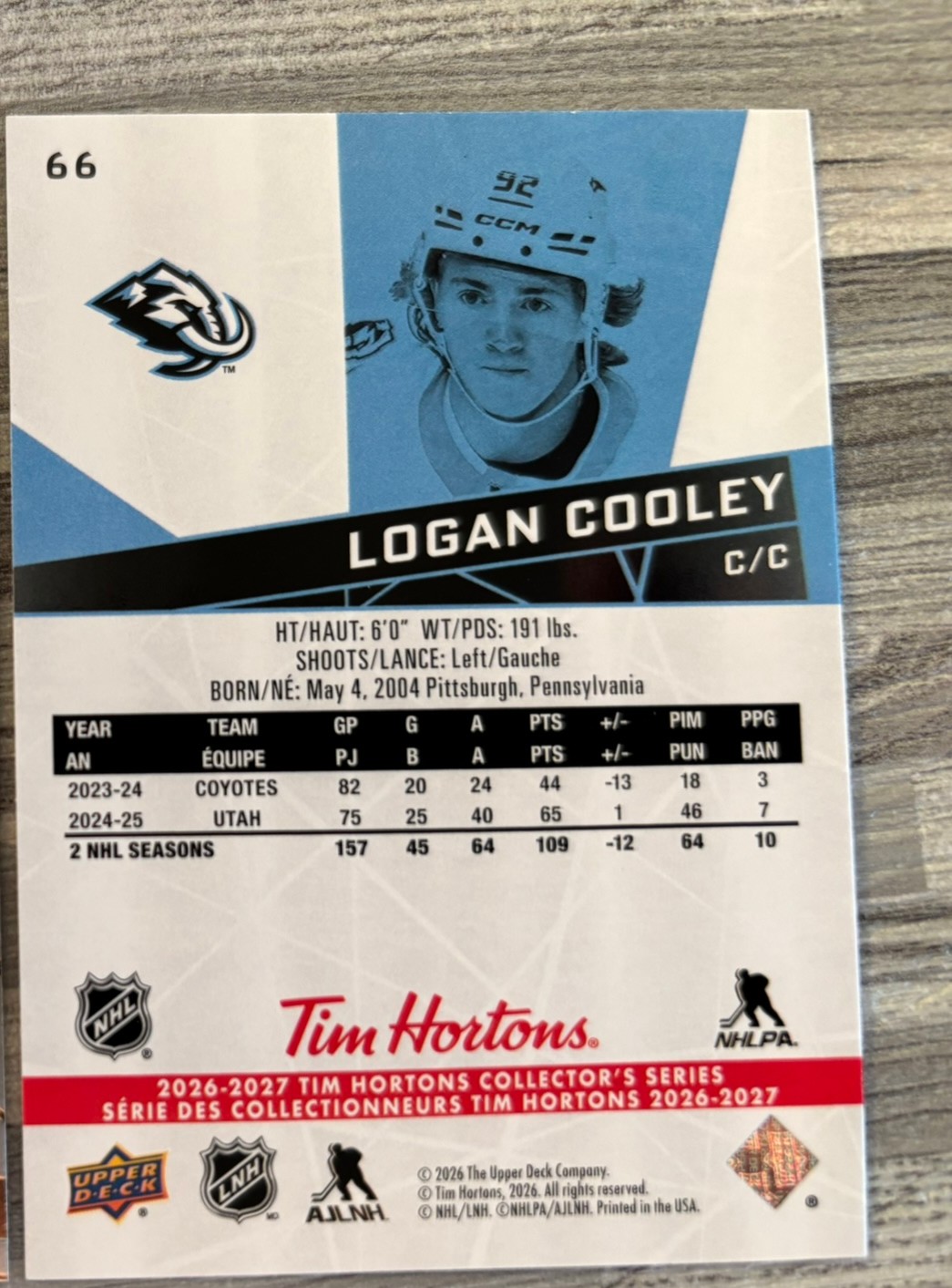 2026-27 Upper Deck Tim Hortons Collector'S Series — Logan Cooley · #66 — Verso