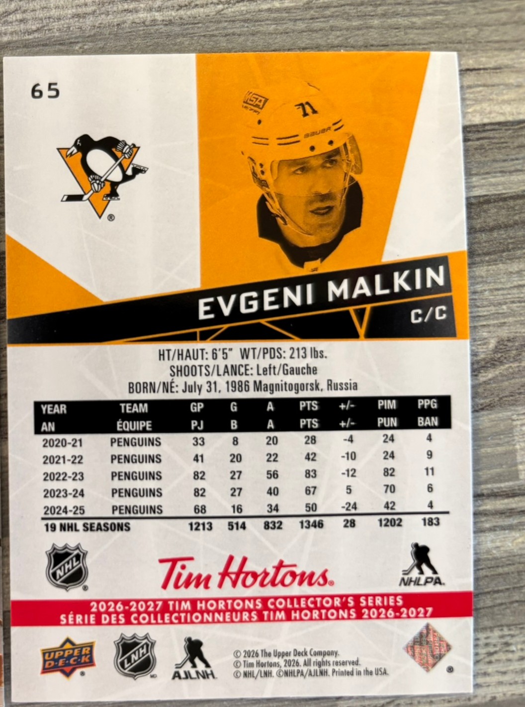 2026-27 Upper Deck Tim Hortons Collector'S Series — Evgeni Malkin · #65 — Verso