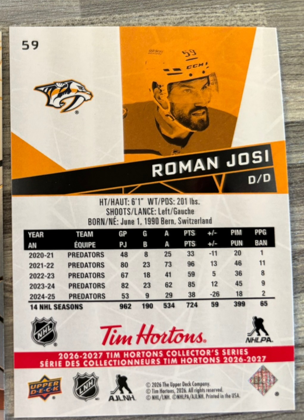 2026-27 Upper Deck Tim Hortons Collector'S Series — Roman Josi · #59 — Verso
