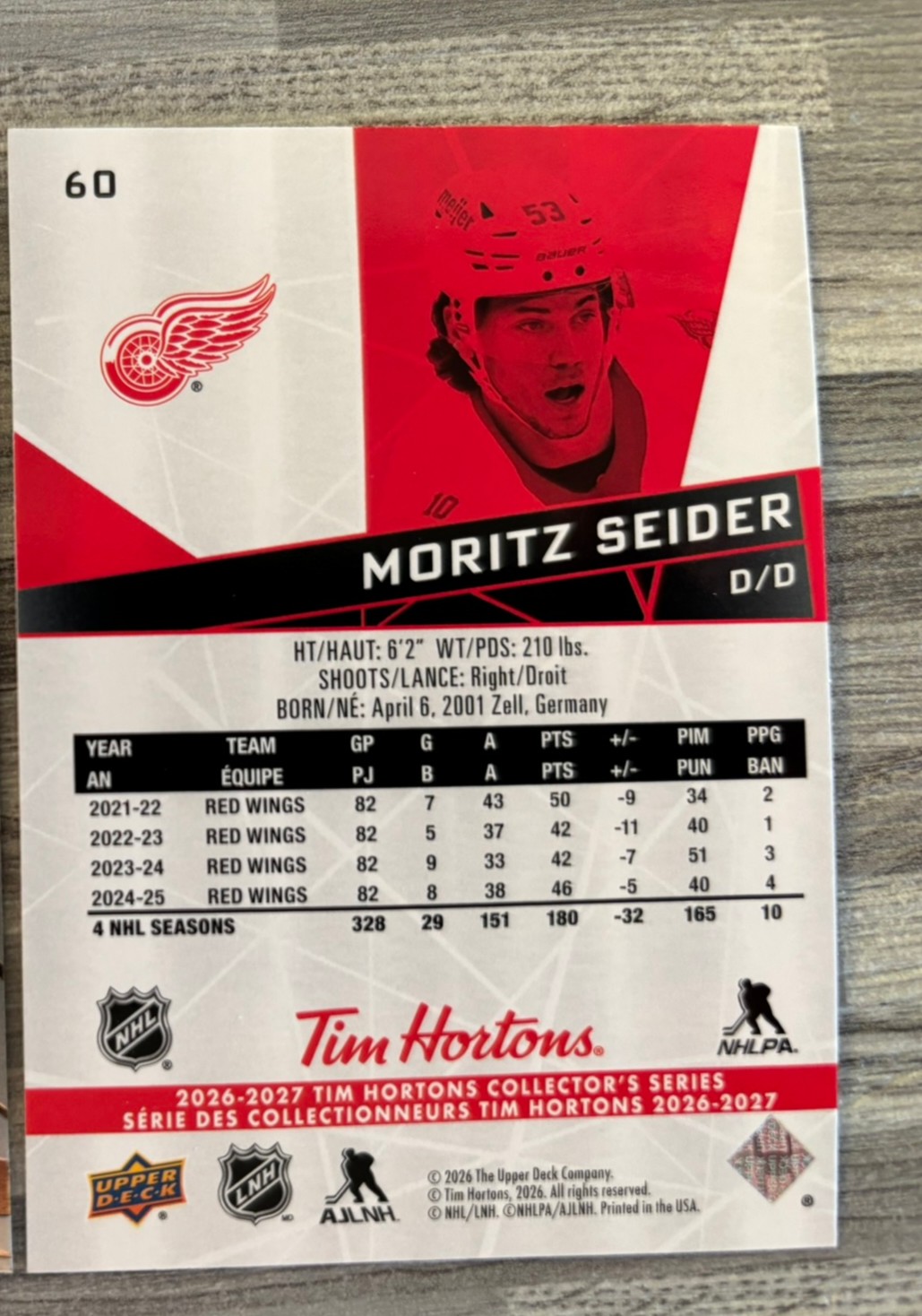 2026-27 Upper Deck Tim Hortons Collector'S Series — Moritz Seider · #60 — Verso