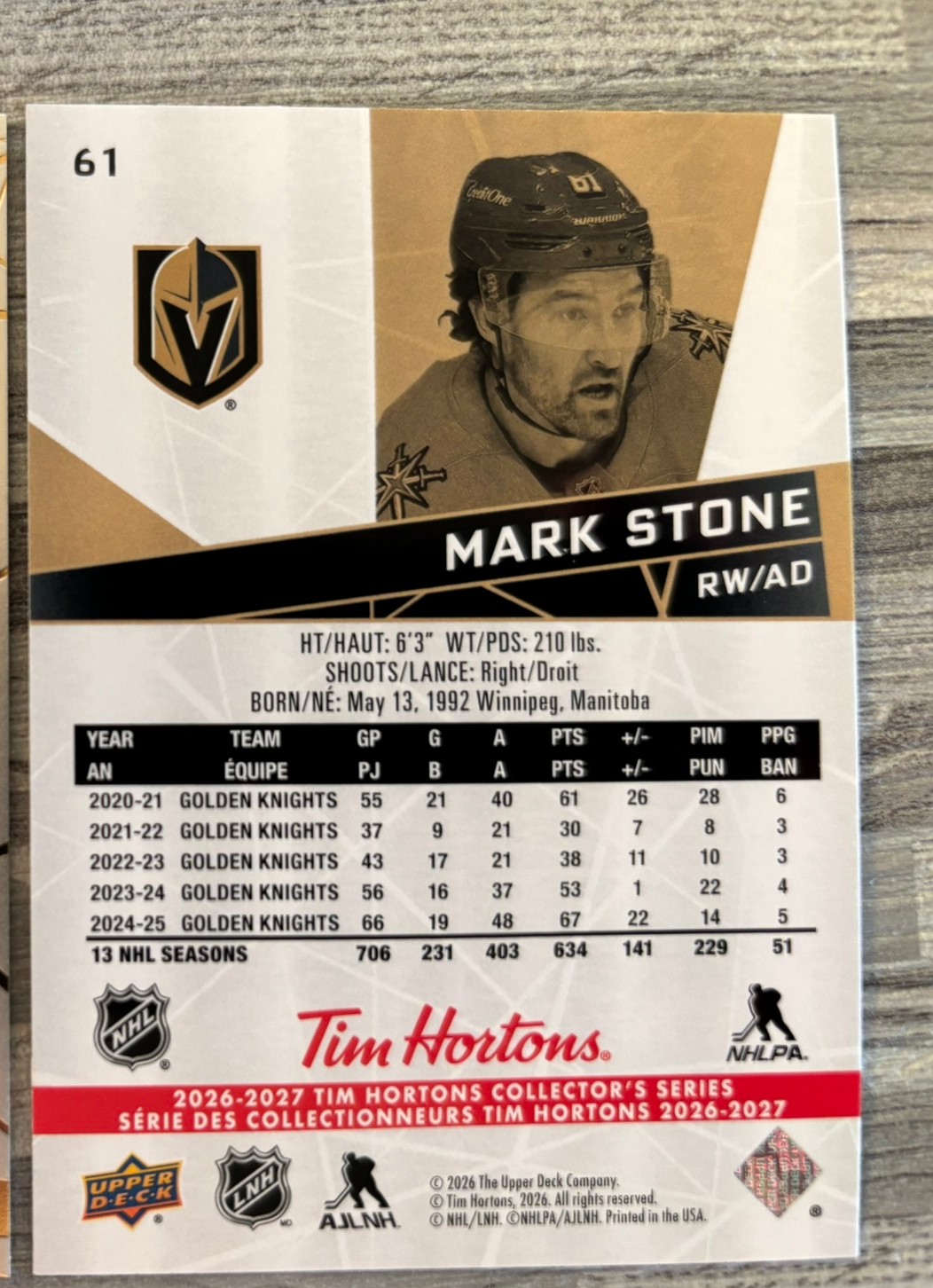 2026-27 Upper Deck Tim Hortons Collector'S Series — Mark Stone · #61 — Verso