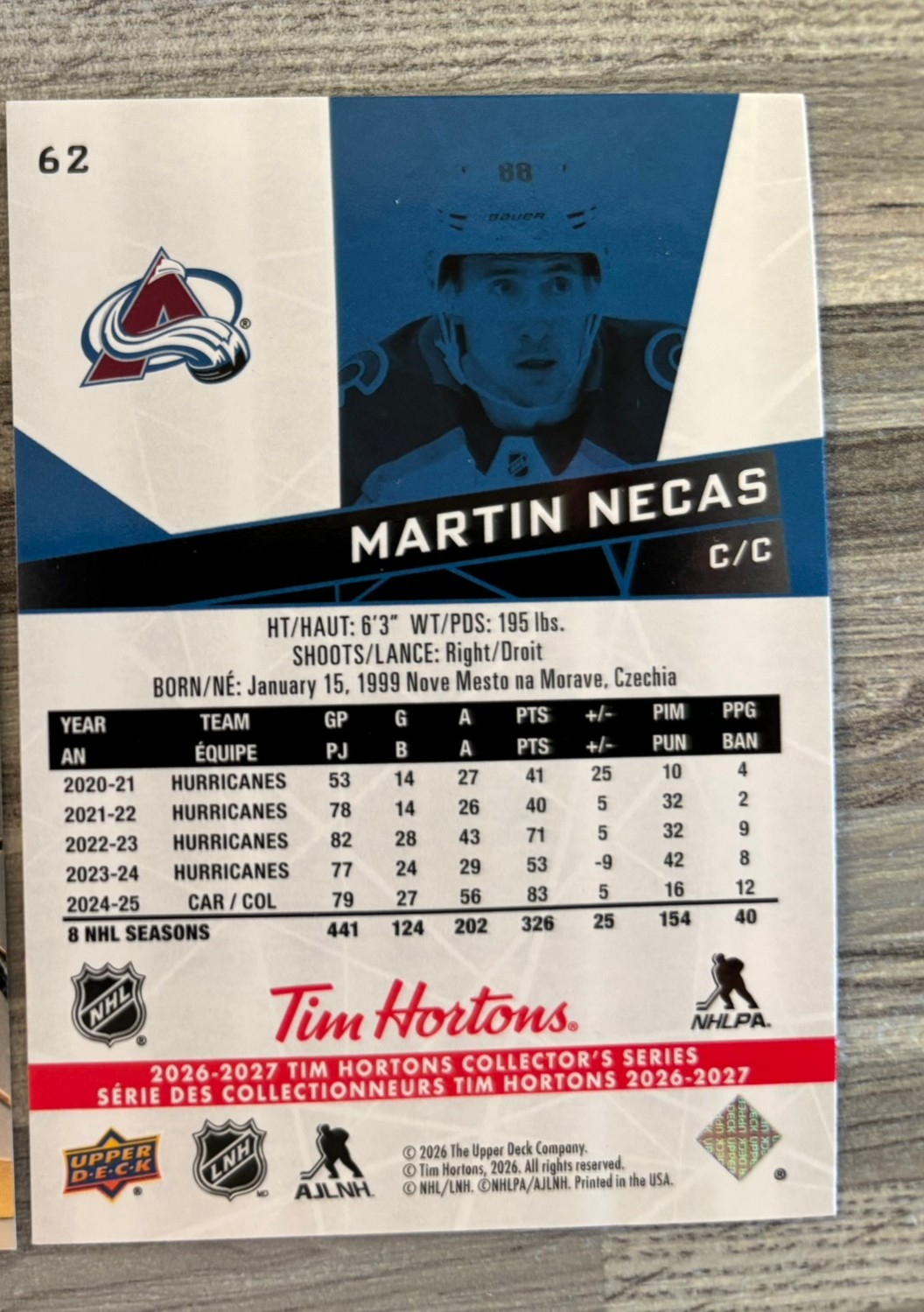 2026-27 Upper Deck Tim Hortons Collector'S Series — Martin Necas · #62 — Verso