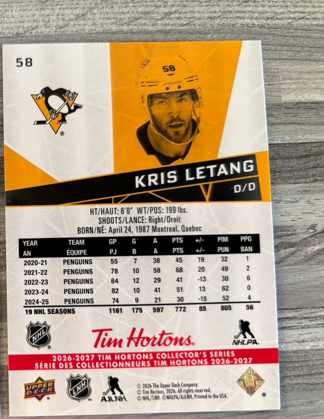 2026-27 Upper Deck Tim Hortons Collector'S Series — Kris Letang · #58 — Verso