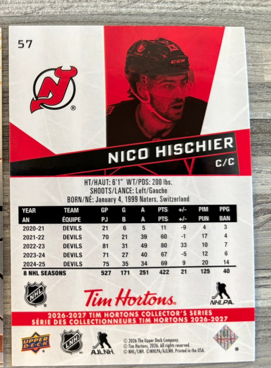 2026-27 Upper Deck Tim Hortons Collector'S Series — Nico Hischier · #57 — Verso