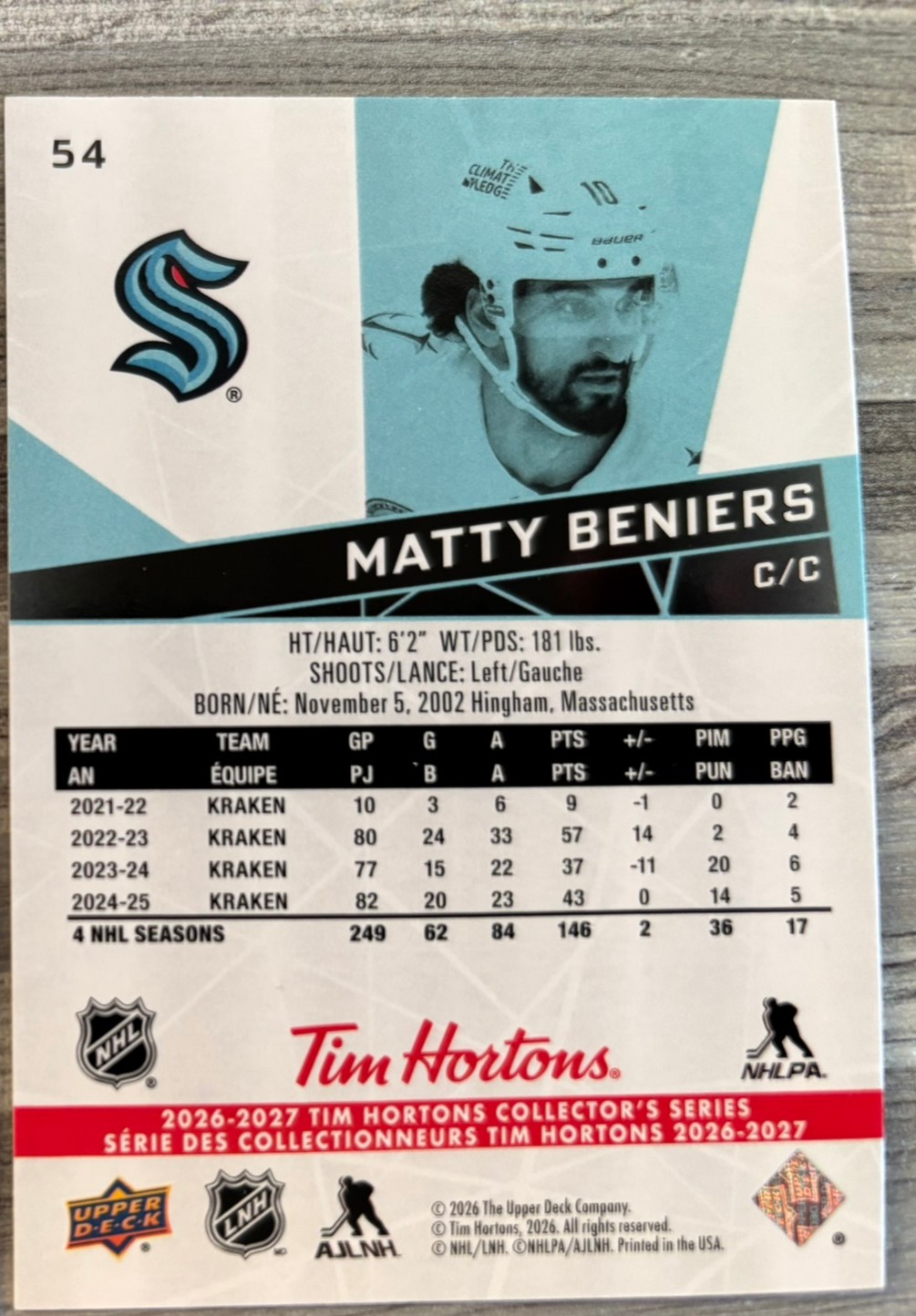 2026-27 Upper Deck Tim Hortons Collector'S Series — Matty Beniers · #54 — Verso