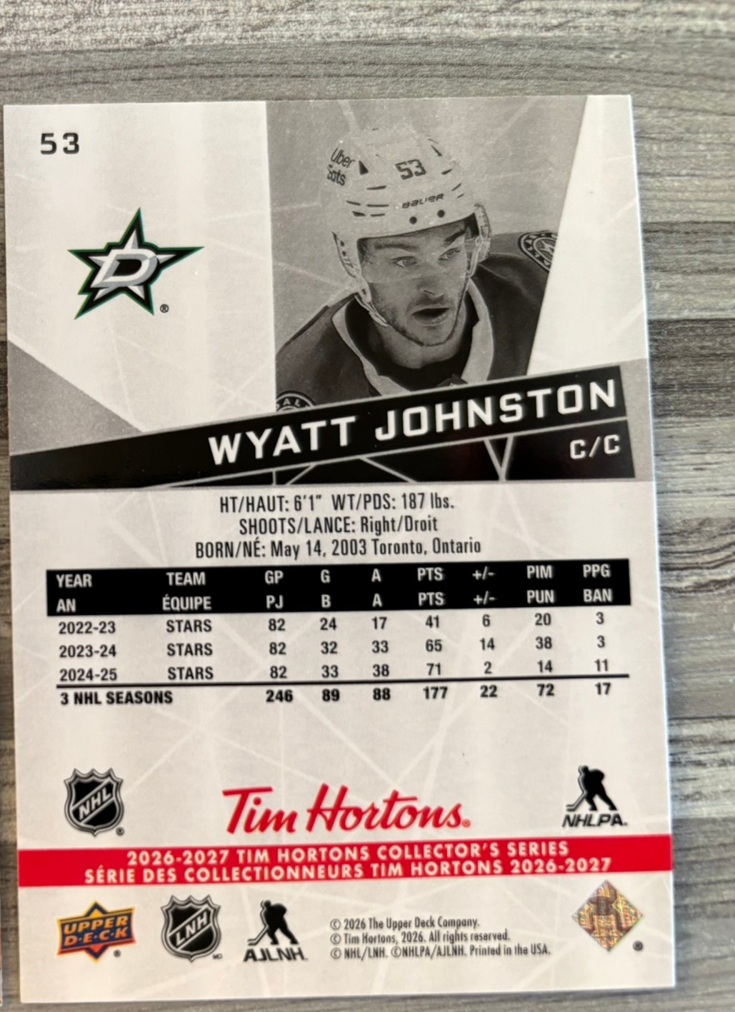 2026-27 Upper Deck Tim Hortons Collector'S Series — Wyatt Johnston · Gold · #53 — Verso