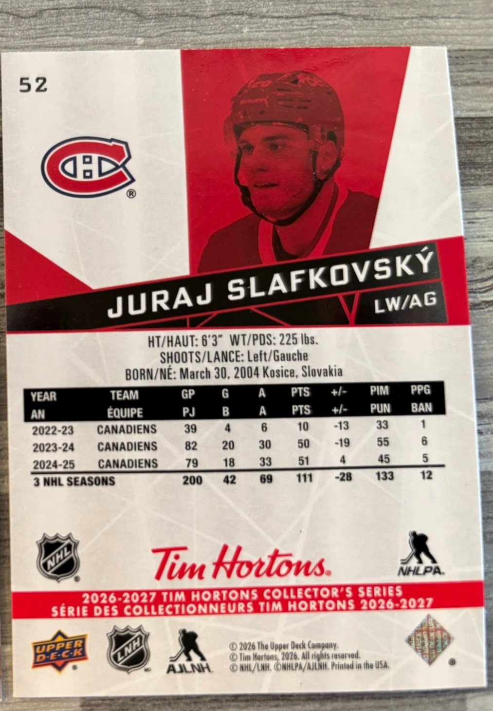 2026-27 Upper Deck Tim Hortons Collector'S Series — Juraj Slafkovský · #52 — Verso