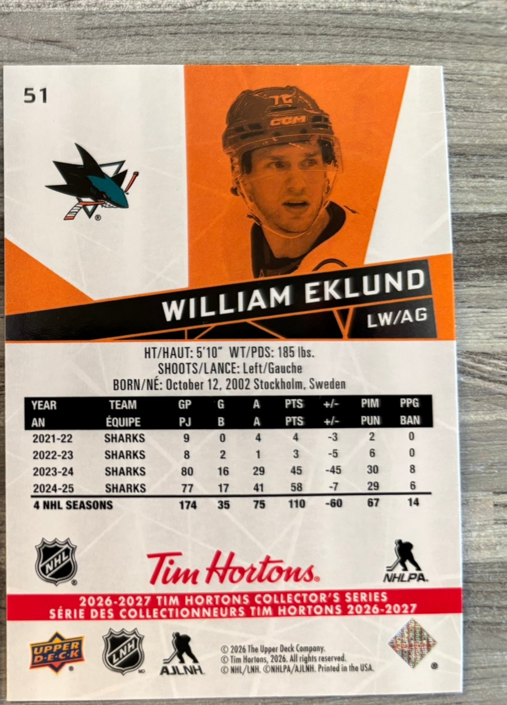 2026-27 Upper Deck Tim Hortons Collector'S Series — William Eklund · #51 — Verso