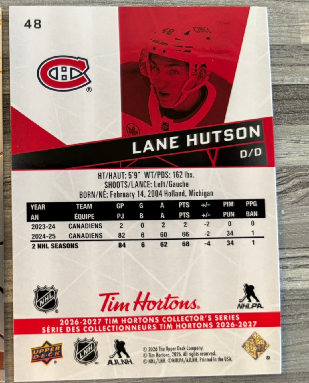 2026-27 Upper Deck Tim Hortons Collector'S Series — Lane Hutson · #48 — Verso