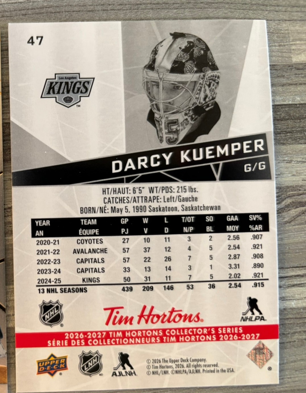 2026-27 Upper Deck Tim Hortons Collector'S Series — Darcy Kuemper · #47 — Verso
