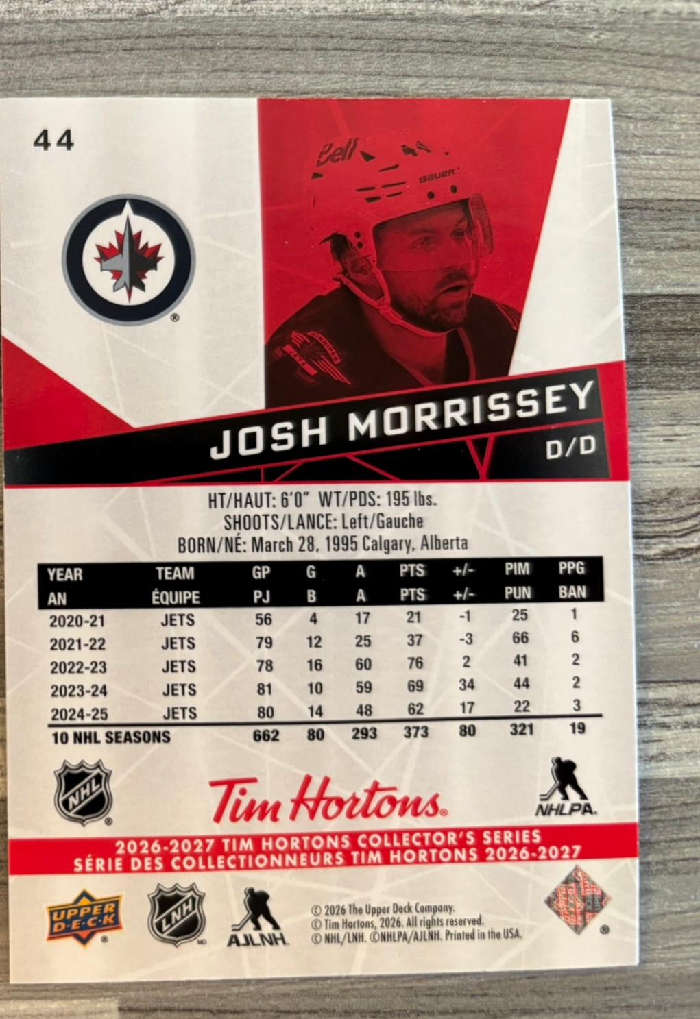 2026-27 Upper Deck Tim Hortons Collector'S Series — Josh Morrissey · #44 — Verso