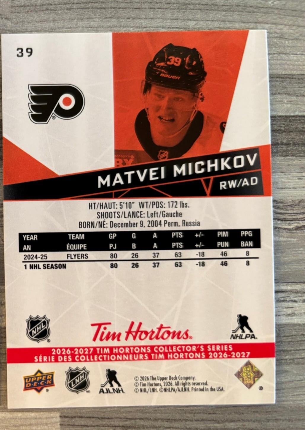 2026-27 Upper Deck Tim Hortons Collector'S Series — Matvei Michkov · #39 — Verso