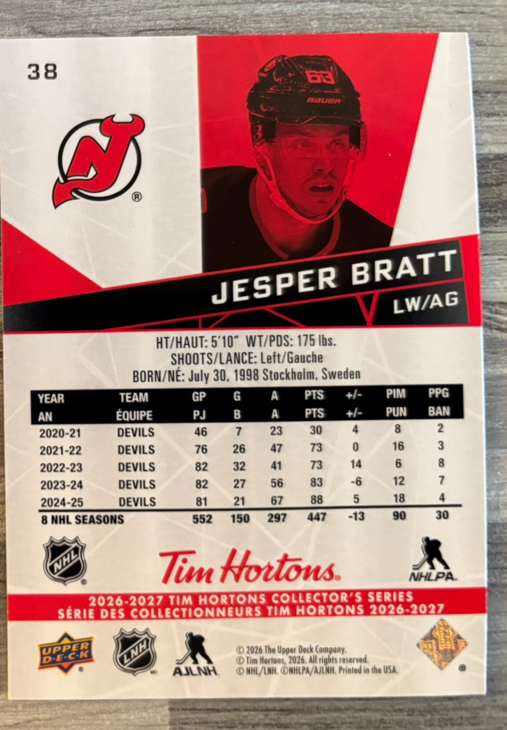 2026-27 Upper Deck Tim Hortons Collector'S Series — Jesper Bratt · #38 — Verso