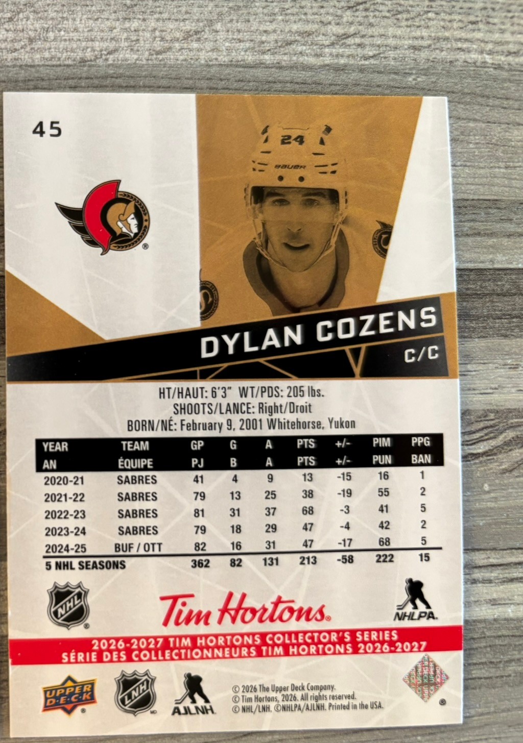 2026-27 Upper Deck Tim Hortons Collector'S Series — Dylan Cozens · #45 — Verso